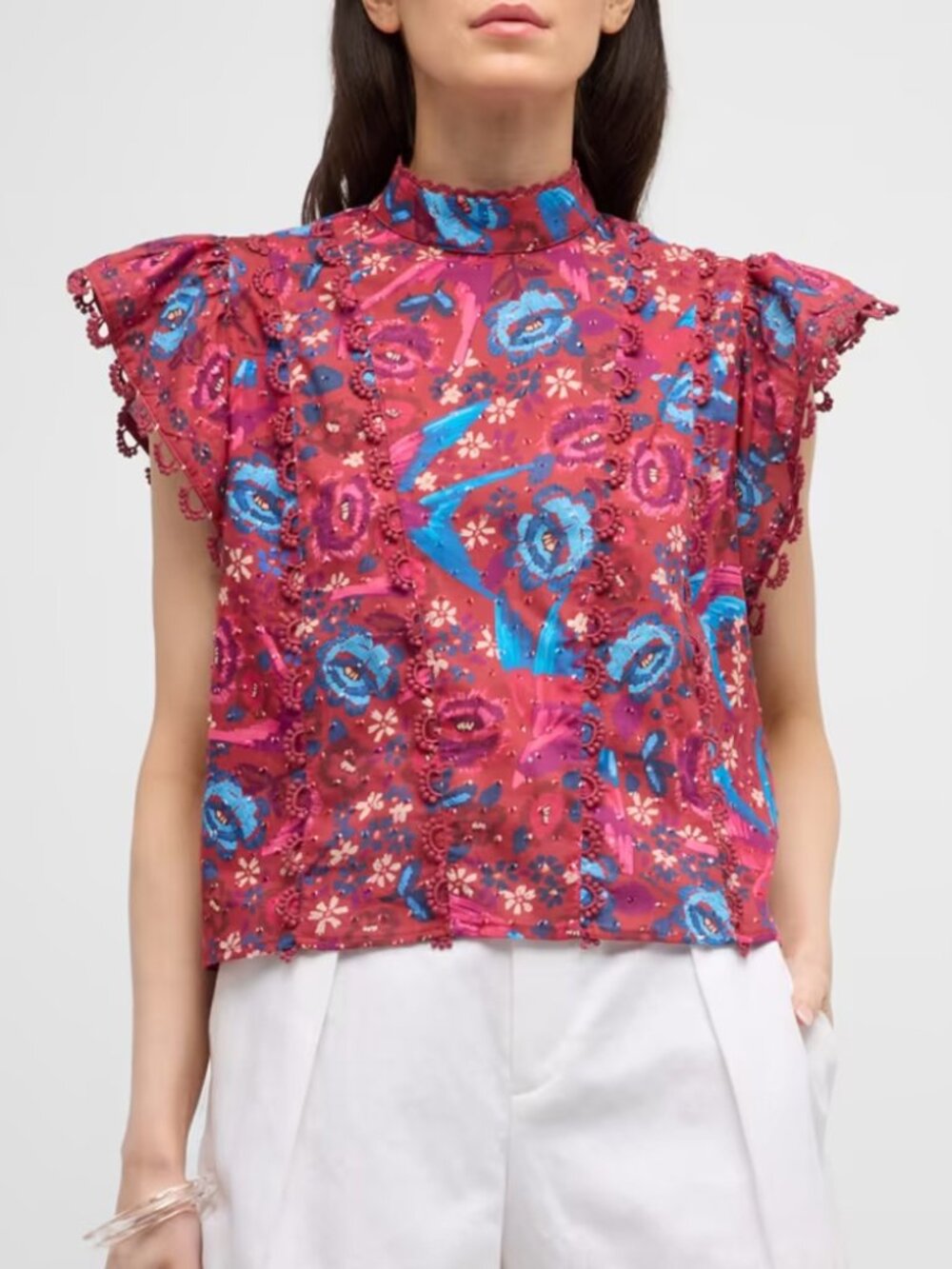 Farm Rio Floral Birds Embellished Lace Ruffle-Sleeve Blouse Top Size S Mock $189